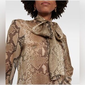 Zara Snakeskin Print Chiffon Semi-Sheer Tie Neck Blouse Long Sleeve Snake